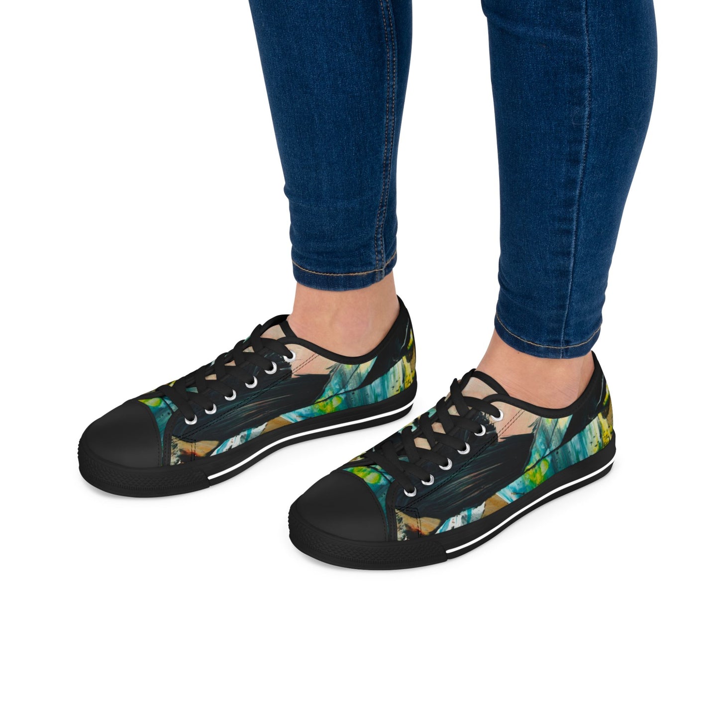 Low Top Sneakers — Abstract Teal & Yellow Brushstroke Canvas Shoes