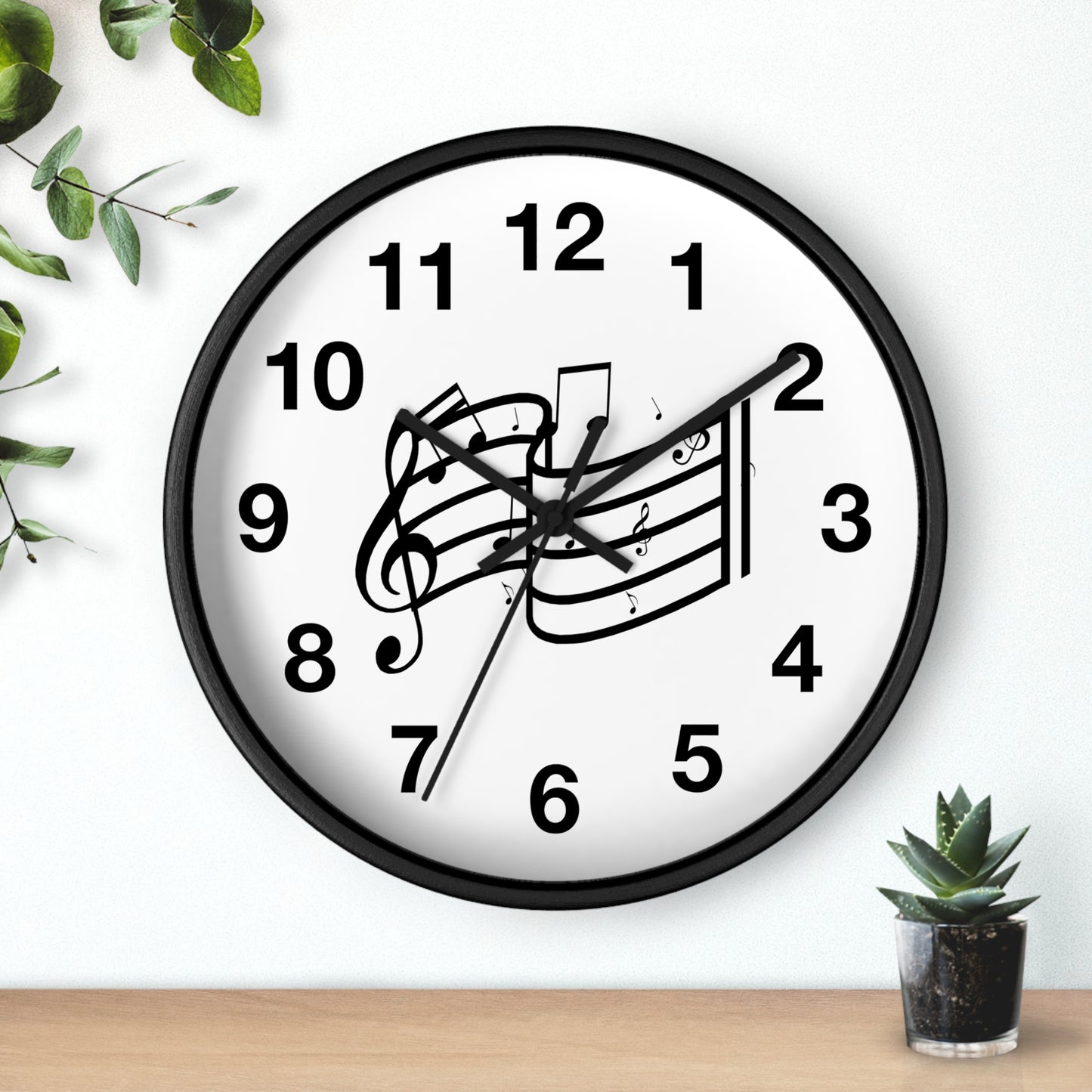 Music Notes Wall Clock — Black & White Treble Clef Timepiece for Music Lovers