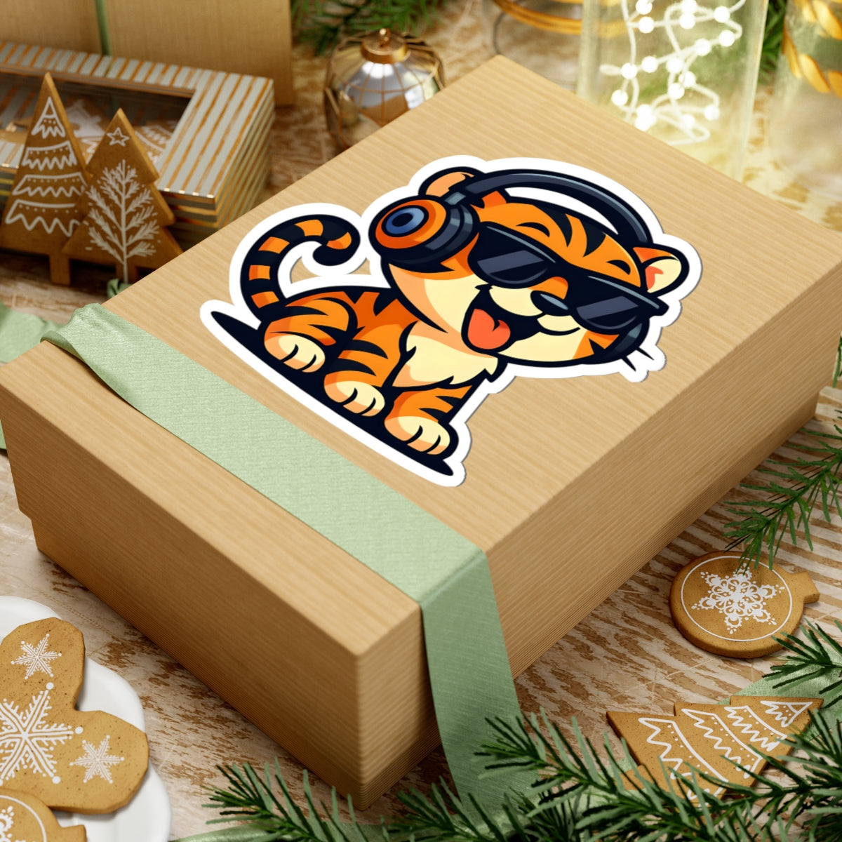 Cool Tiger Headphones Kiss-Cut Stickers, Fun Animal Stickers, Laptop Decals, Cute Home Decor, Gift for Cat Lovers