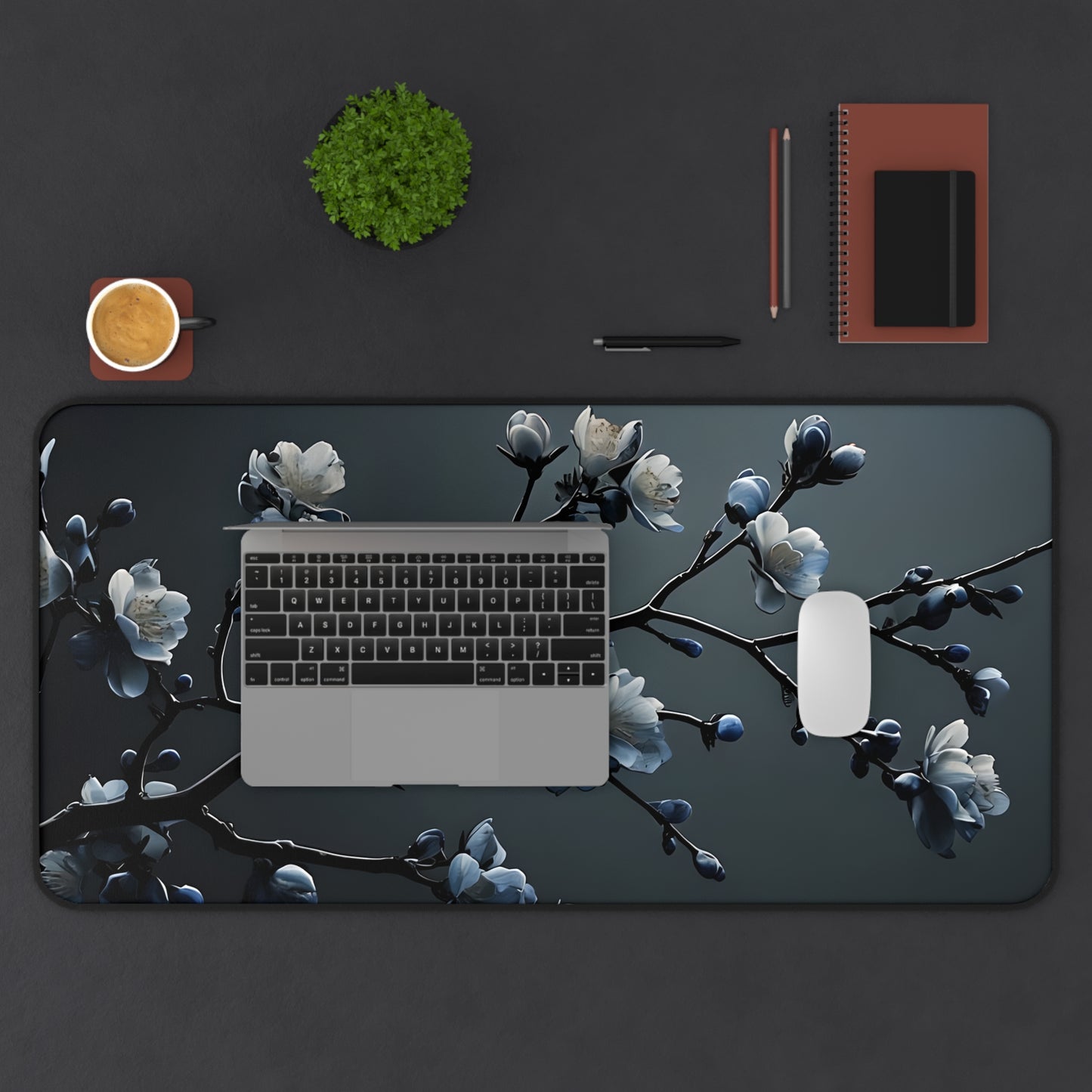 Floral Branch Desk Mat — Dark Blue Cherry Blossom Mouse Pad