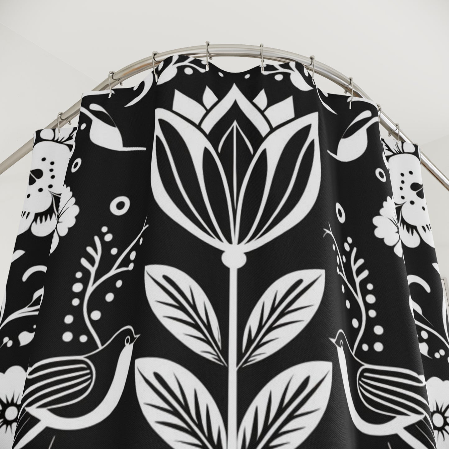 Folk Heart Black & White Shower Curtain — Scandinavian Floral Tulip Design
