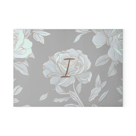 Personalized Floral Glass Cutting Board Letter I