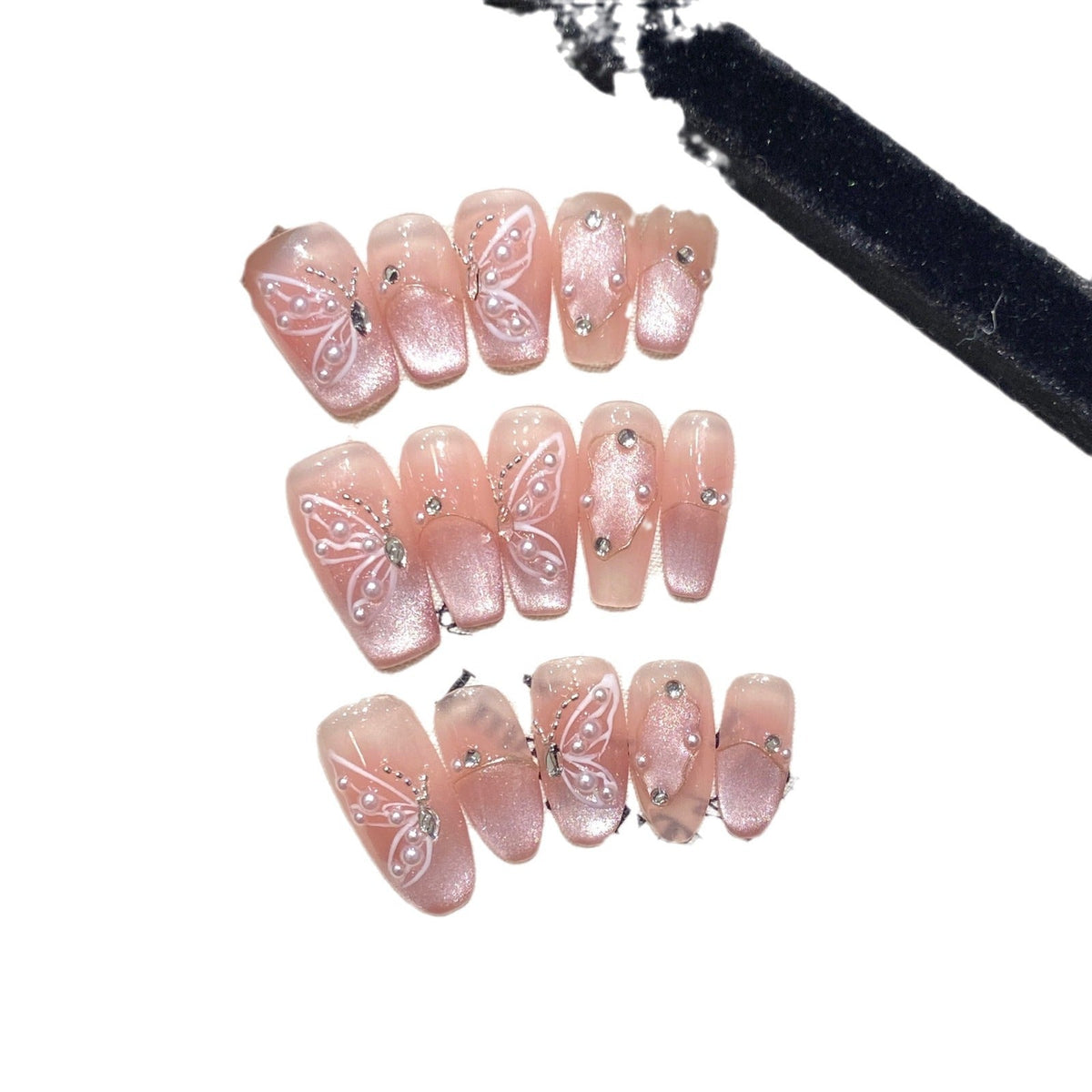 365nails: "Alice's Butterfly" – 3D Hand-Painted Butterfly & Cat Eye Handmade Almond Nails – Image 5