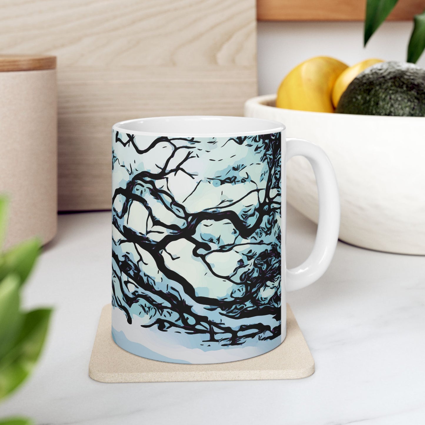 Winter Oak Tree Ceramic Mug — Scenic Snowy Tree Coffee Cup (11oz, 15oz)