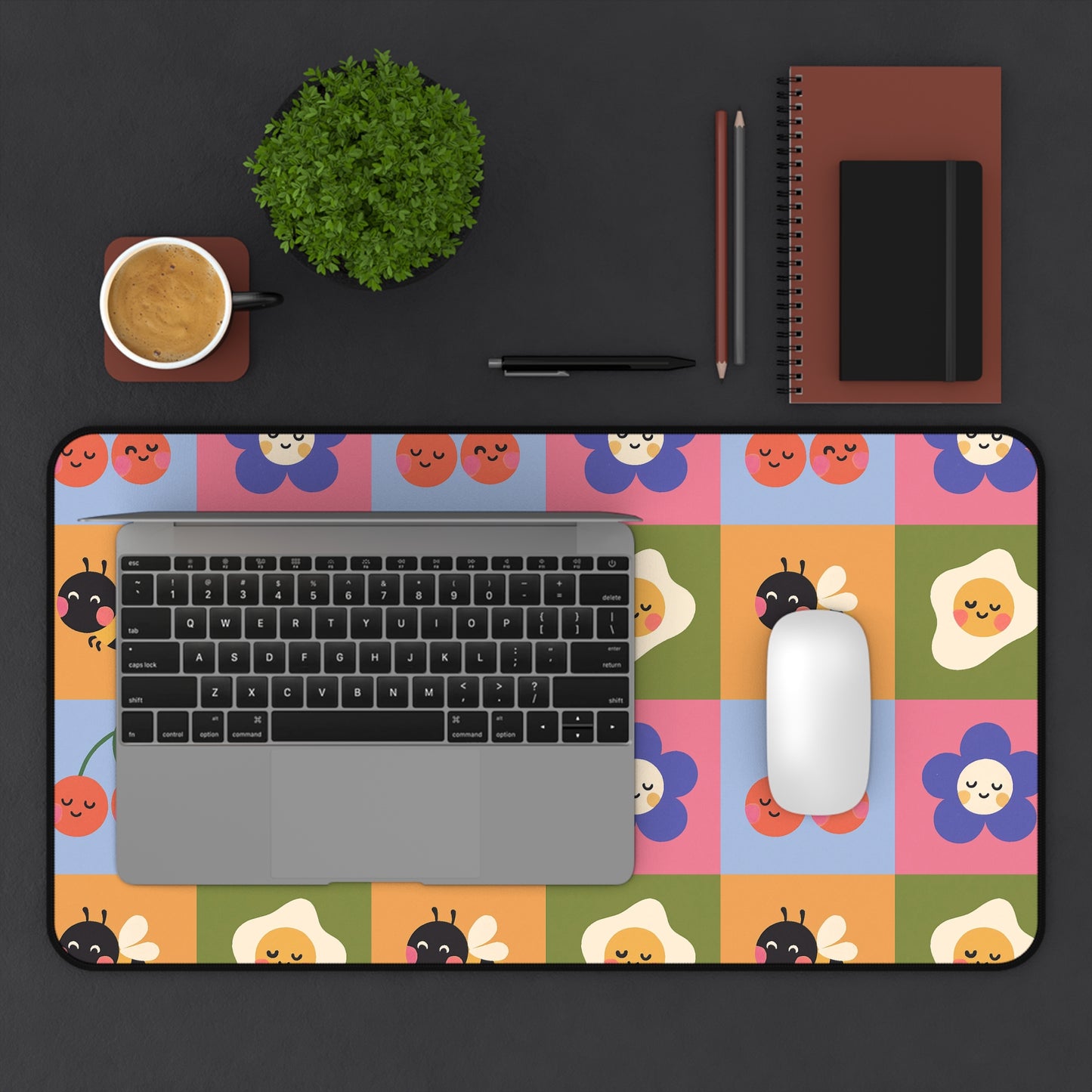 Cute Floral & Bees Desk Mat — Colorful Checkerboard Mouse Pad for Kids & Home Office