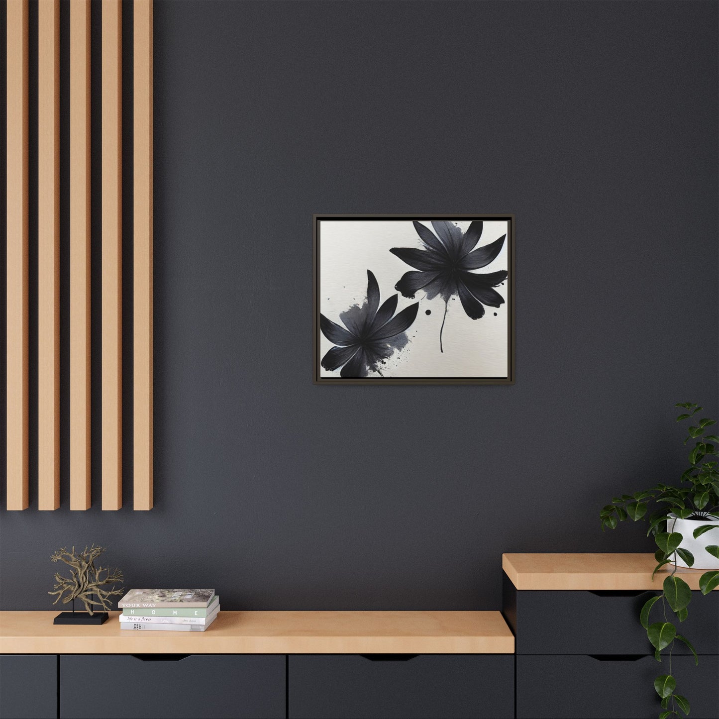 Framed Black Floral Matte Canvas Wall Art — Monochrome Botanical Print