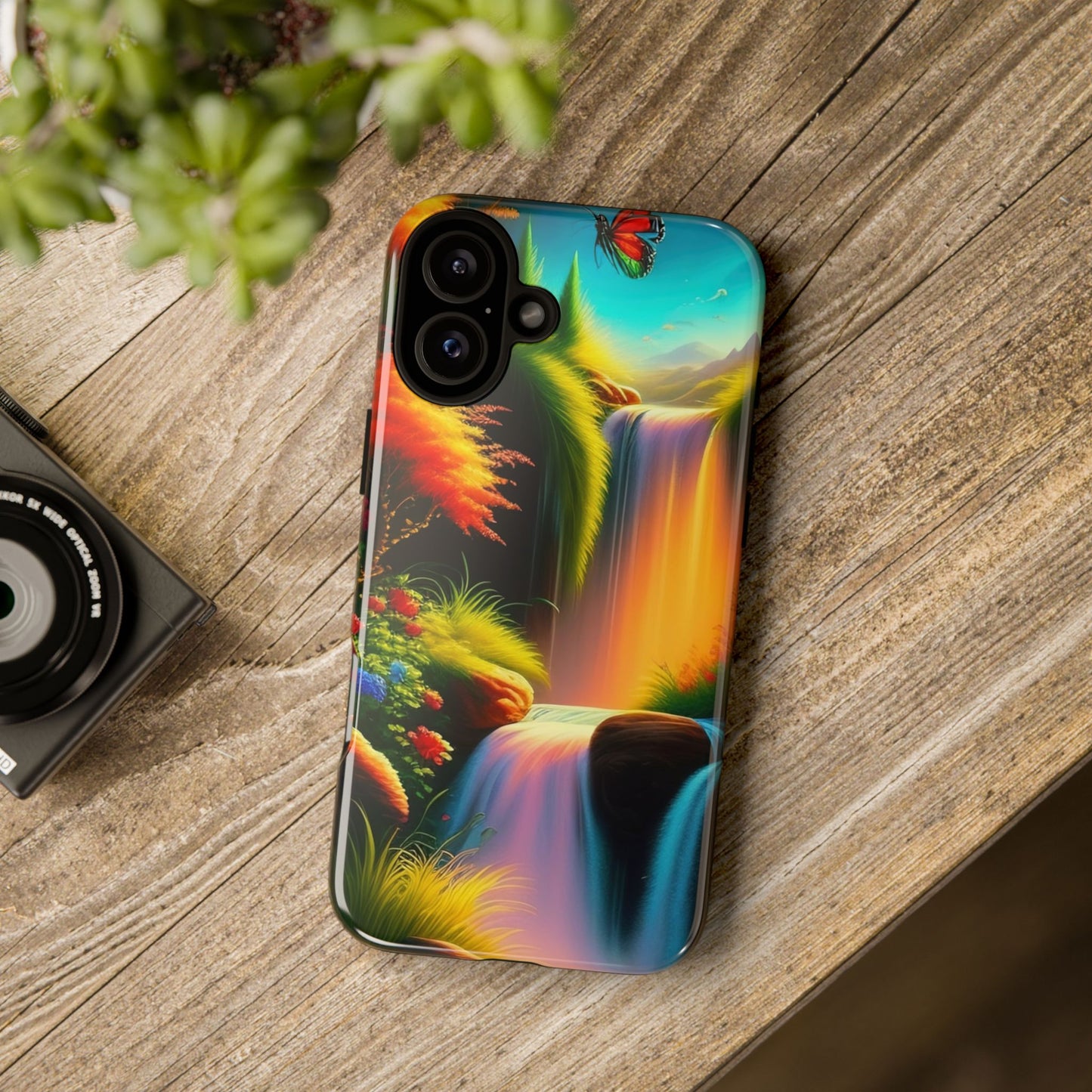 Phone Case - Vibrant Waterfall Landscape with Butterfly | Colorful Nature Protective Case