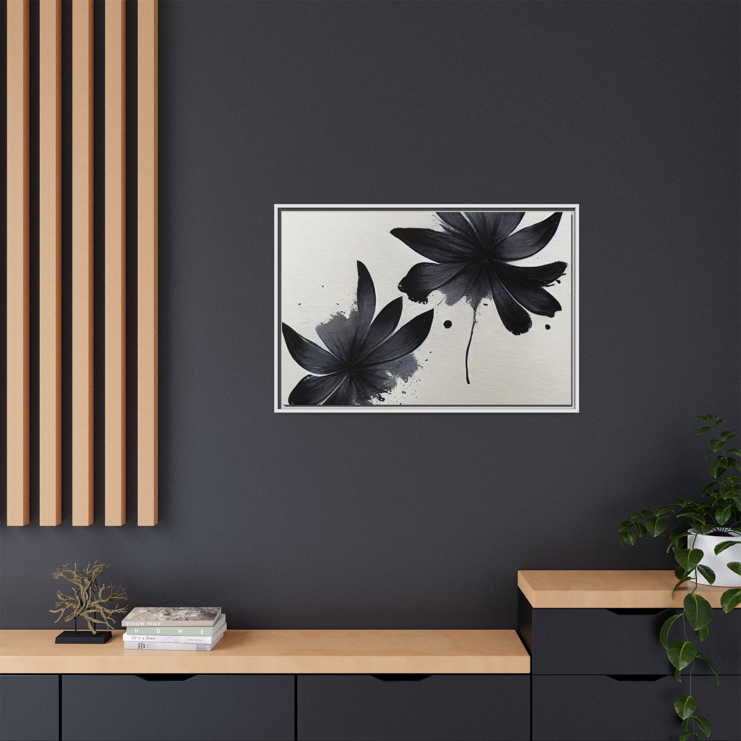 Framed Black Floral Matte Canvas Wall Art — Monochrome Botanical Print