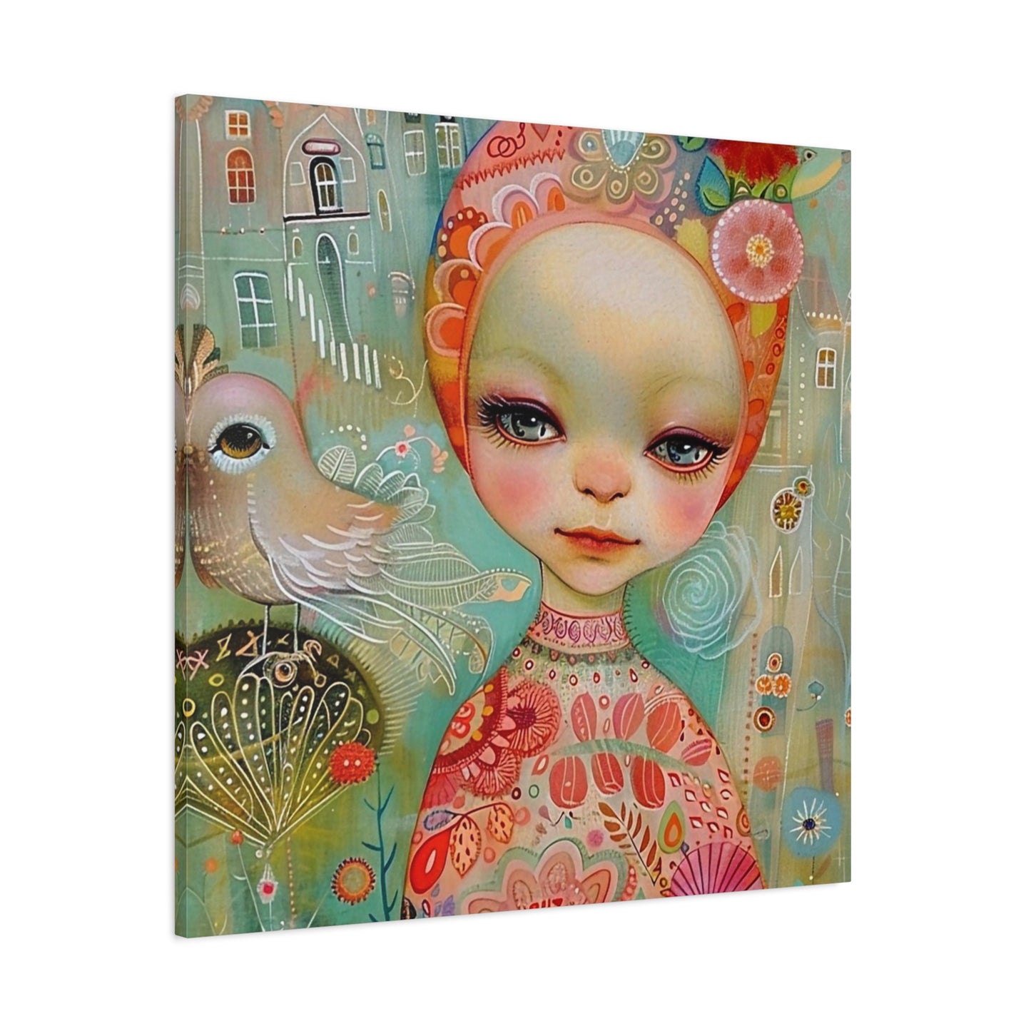 Whimsical Girl & Bird Matte Canvas Wall Art — Stretched Decorative Painting