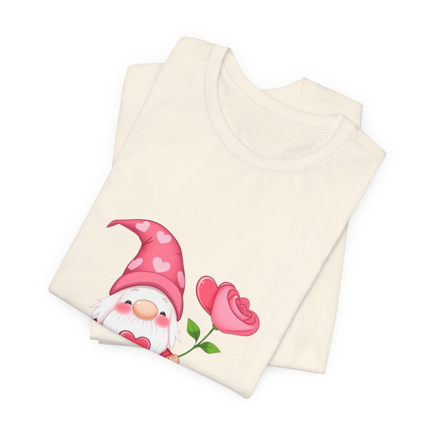 Valentine Gnome T‑Shirt — Cute Pink Gnome Holding Rose Tee