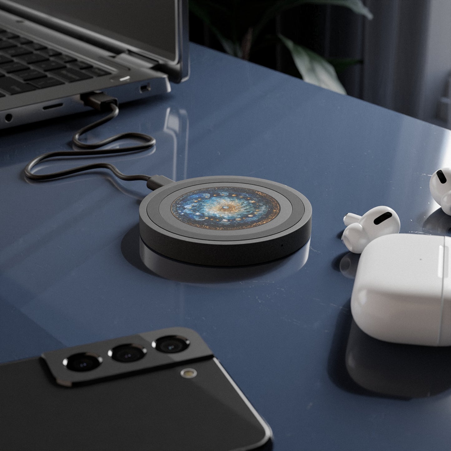 Wireless Charging Pad — Blue Cosmic Mandala Design