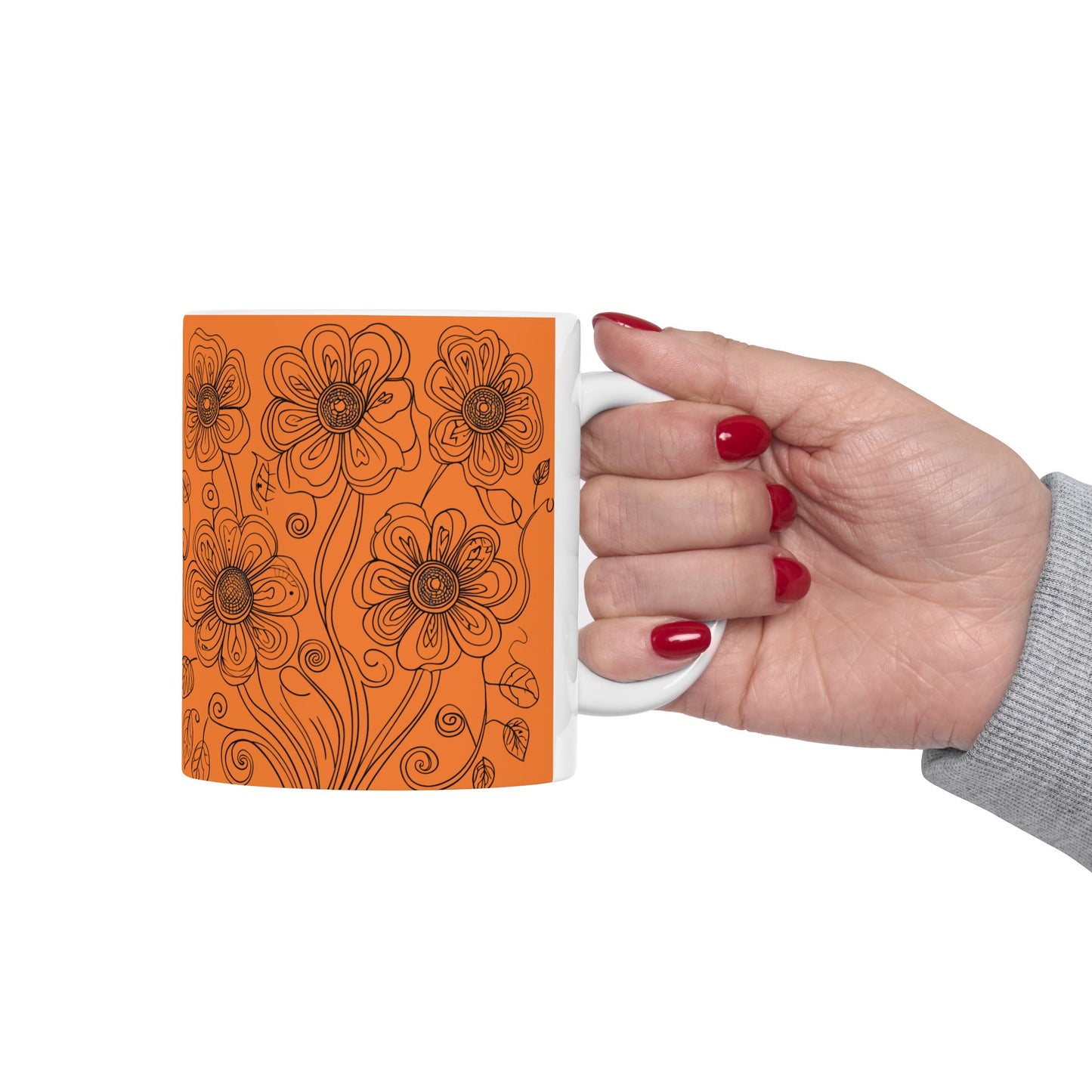 Orange Floral Ceramic Mug — Hand-Drawn Flower Pattern Coffee Tea Cup (11oz, 15oz)