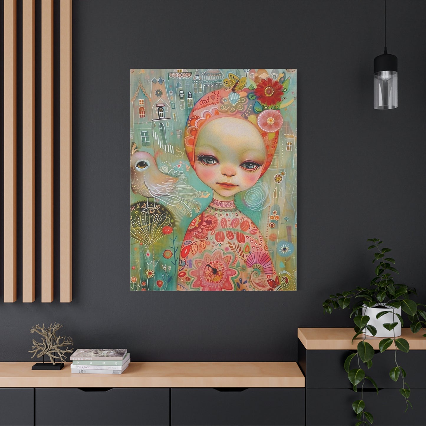 Whimsical Girl & Bird Matte Canvas Wall Art — Stretched Decorative Painting