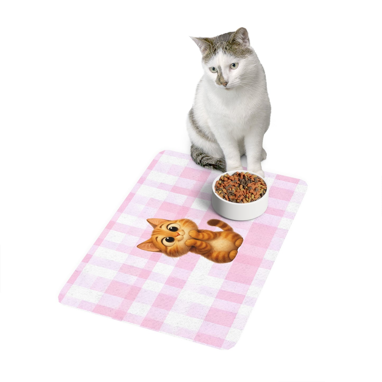 Cute Ginger Kitten Pet Food Mat (12x18) — Pink Gingham Cat Feeding Mat
