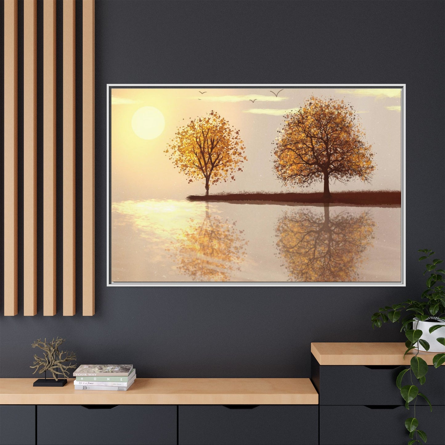 Framed Matte Canvas Wall Art — Golden Autumn Trees Reflection