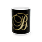 Monogram B Ceramic Mug — Elegant Gold Script Initial on Black (11oz, 15oz)