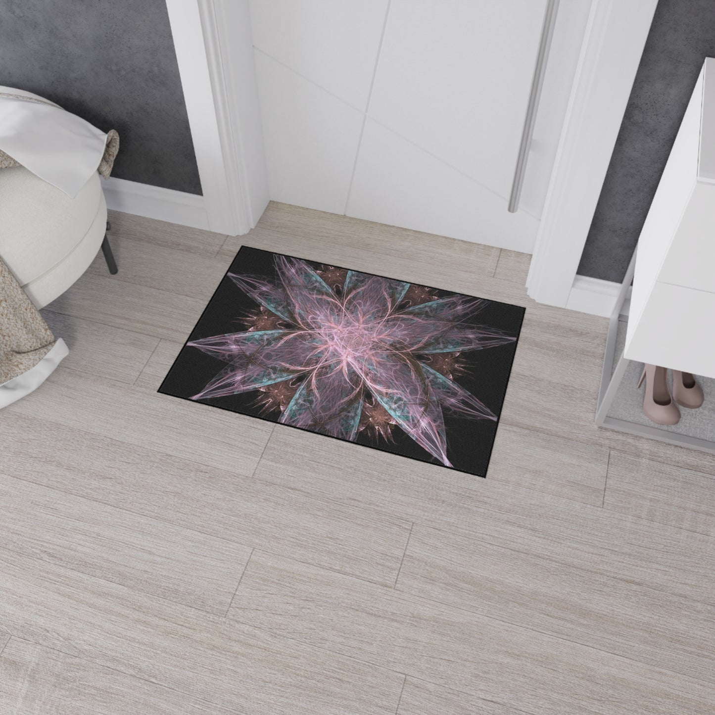 Abstract Floral Mandala Heavy-Duty Floor Mat — Pink Teal Fractal Design