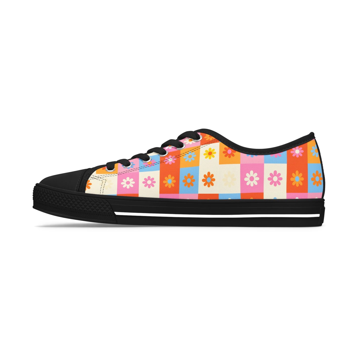 Floral Checkered Low Top Sneakers — Retro 60s-Inspired Casual Shoes