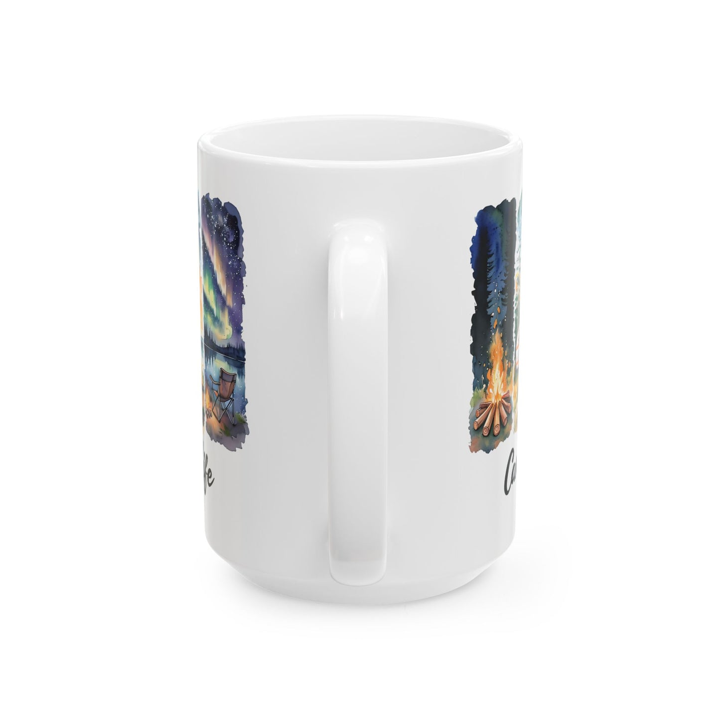 Camping Life Ceramic Mug — Scenic Campfire & Northern Lights Coffee Cup (11oz/15oz)