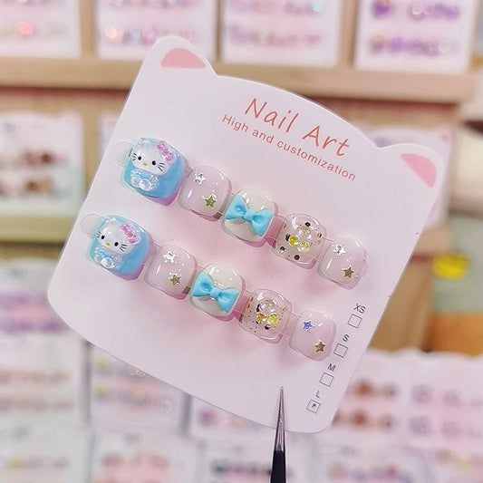 Blue Bow Hello Kitty Kids Press On Nails Set