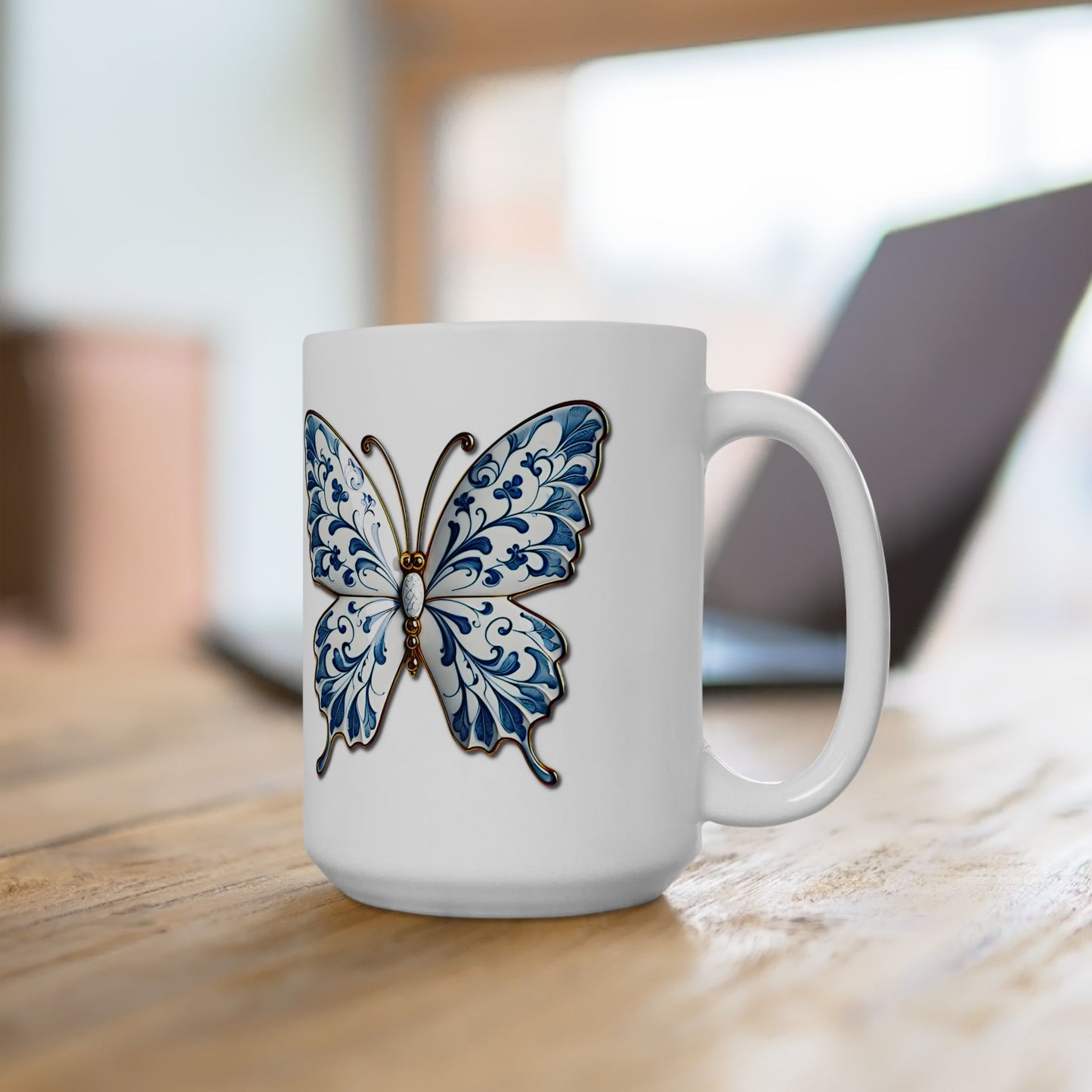 Blue Floral Butterfly Ceramic Mug — Decorative 11oz & 15oz Coffee Cup