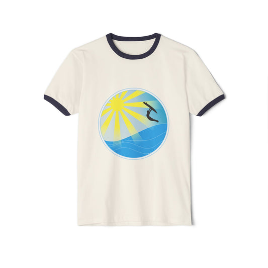 Surf Circle Ringer T-Shirt – Sunny Wave & Surfer Graphic