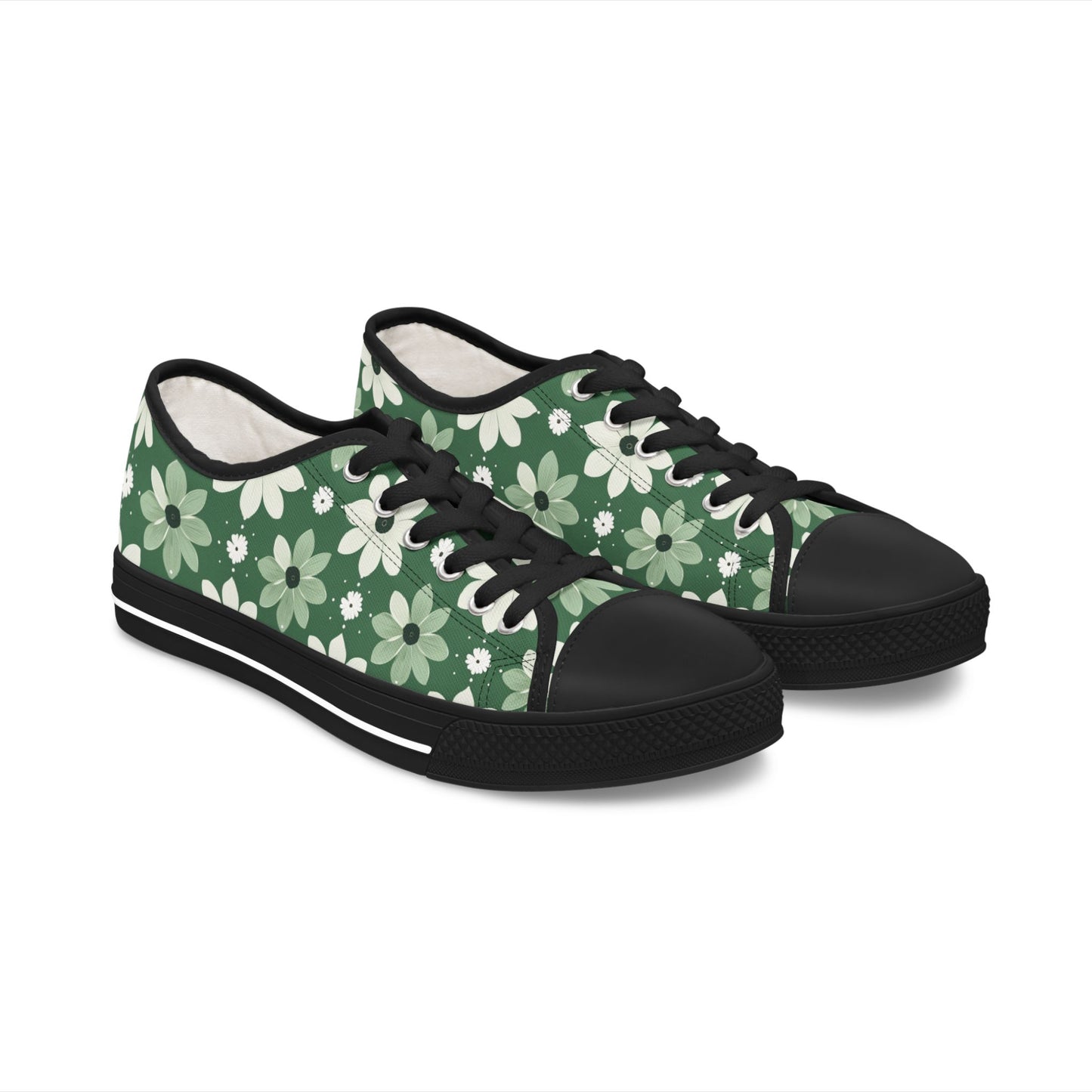 Floral Green Daisy Low Top Sneakers — Casual Garden Print Shoes