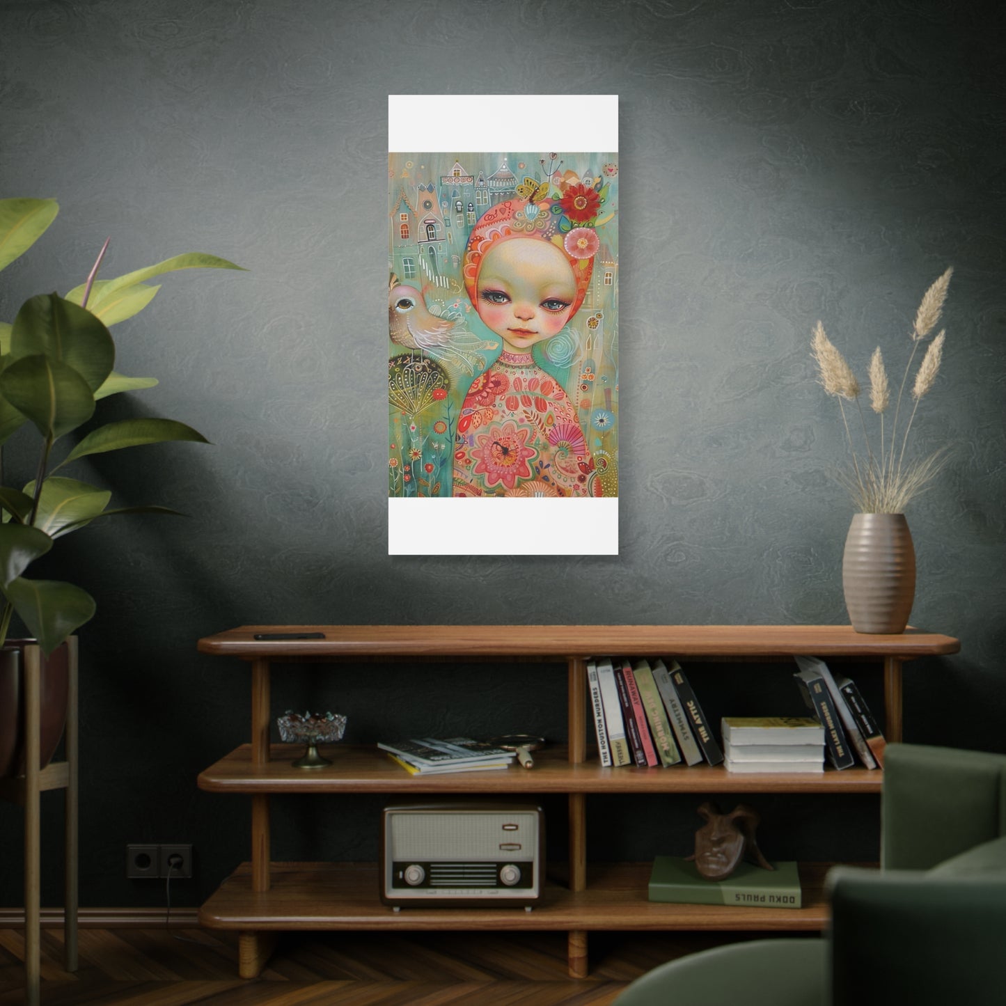 Whimsical Girl & Bird Matte Canvas Wall Art — Stretched Decorative Painting