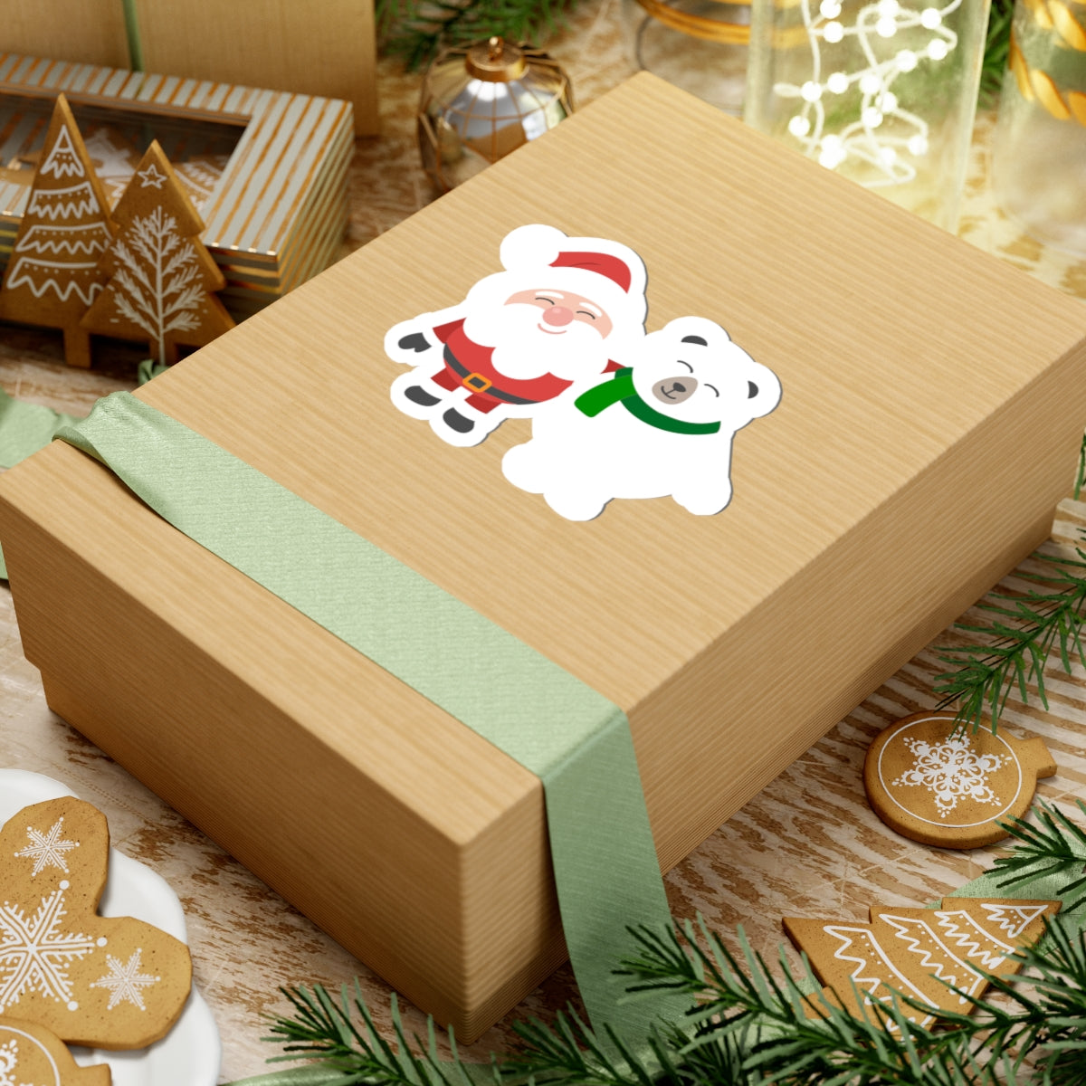 Christmas Santa and Polar Bear Kiss-Cut Sticker