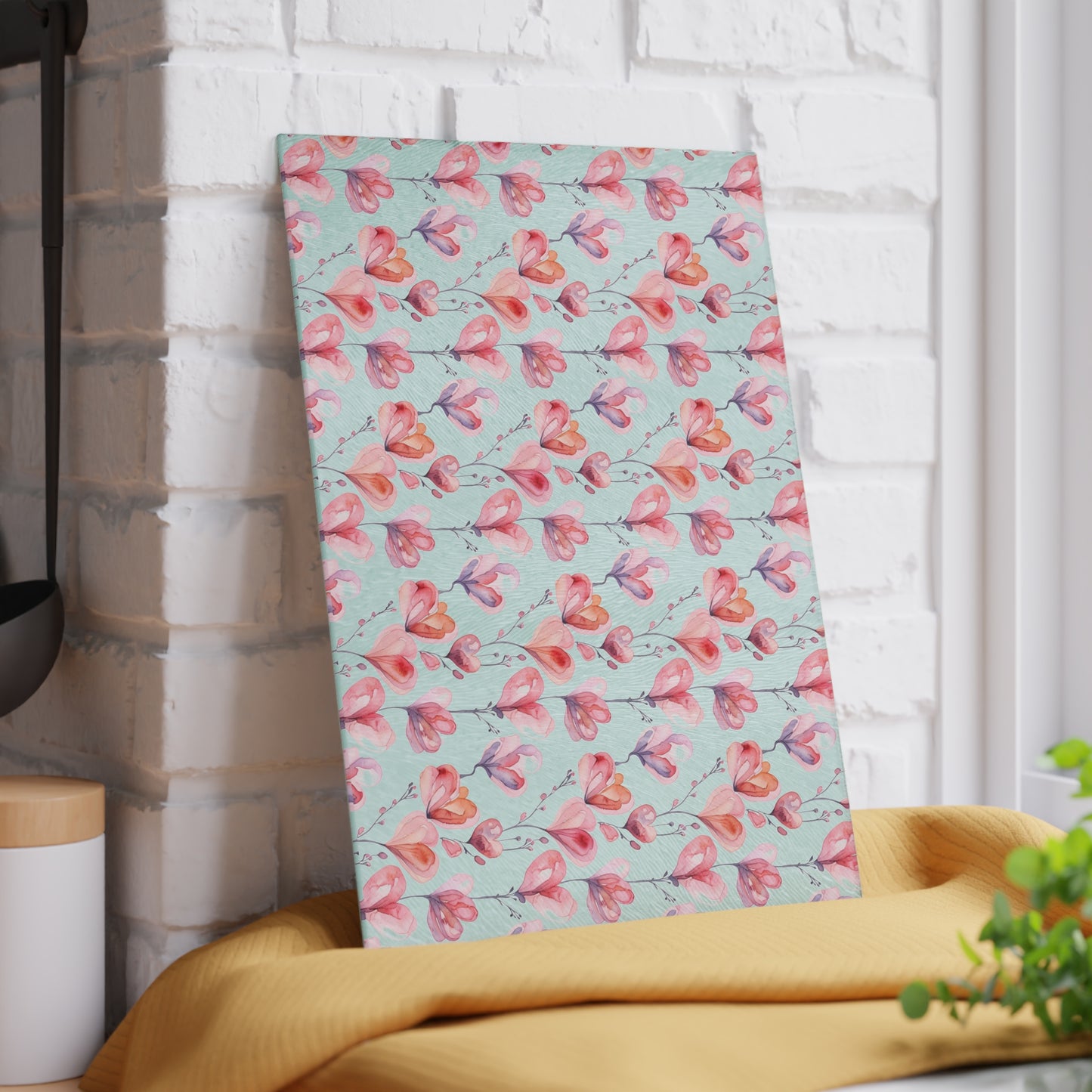 Floral Watercolor Glass Cutting Board — Pink Tulip Pattern
