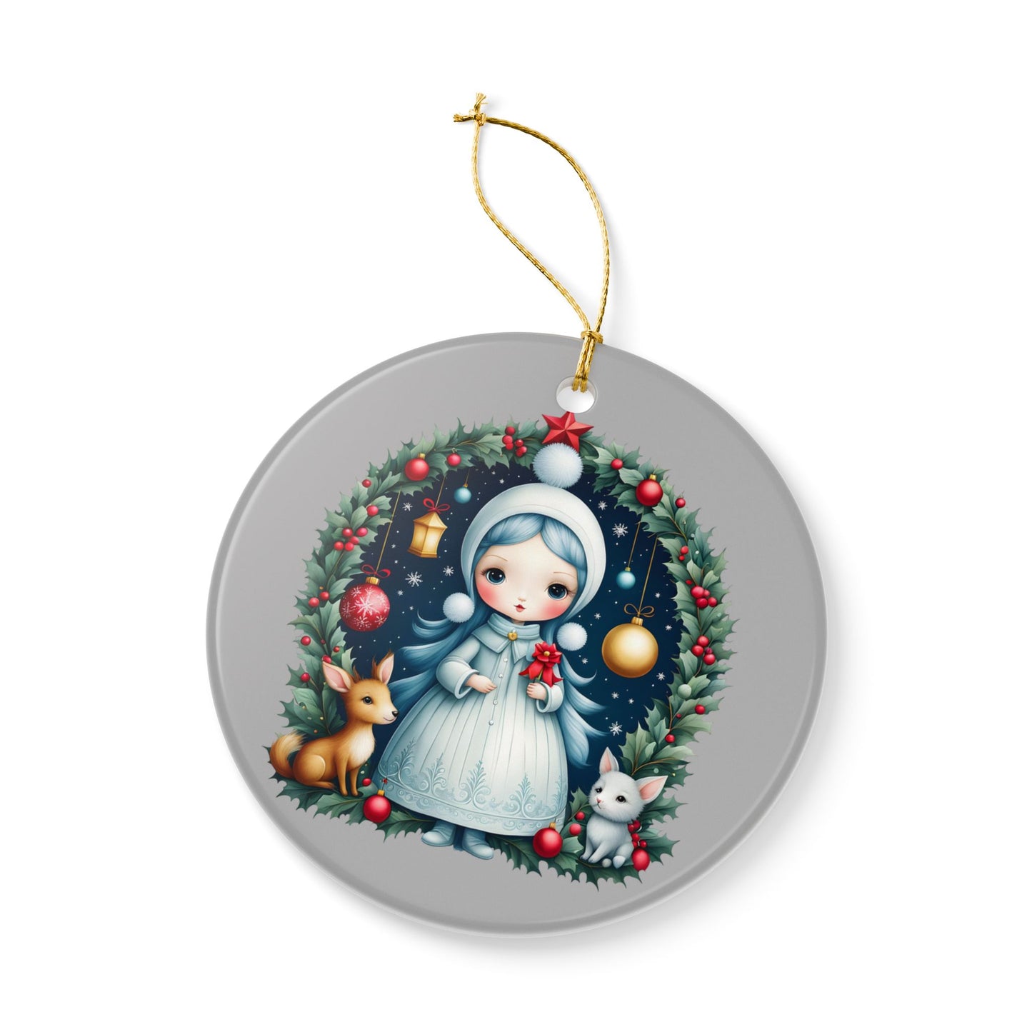 Snow Maiden Ceramic Christmas Ornament — Cute Winter Girl Wreath Design (2-Sided)