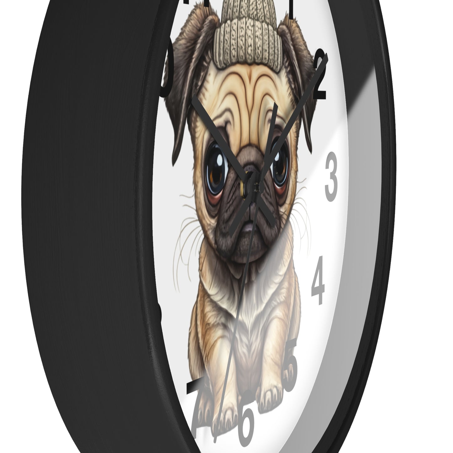Cute Pug Wall Clock — Adorable Pug Puppy in Beanie Decorative Clock for Dog Lovers
