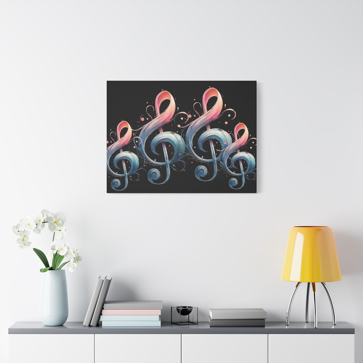 Musical Treble Clef Canvas Wall Art — Pastel Ribbon Notes on Black