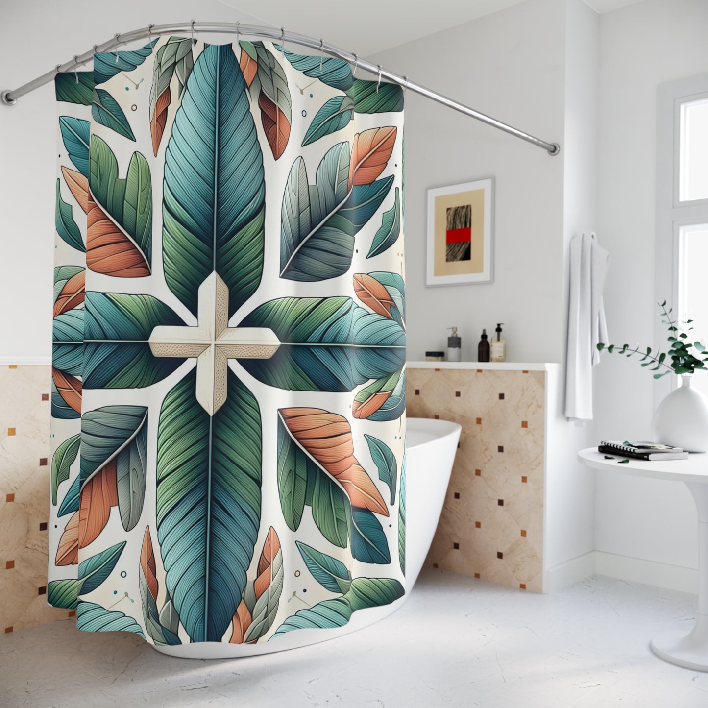 Tropical Leaf Shower Curtain — Boho Green & Terracotta Botanical Bathroom Decor