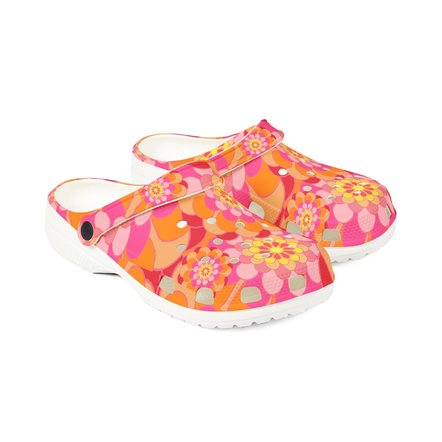 Floral Retro Foam Clogs — Pink Orange Psychedelic Garden Slip-Ons