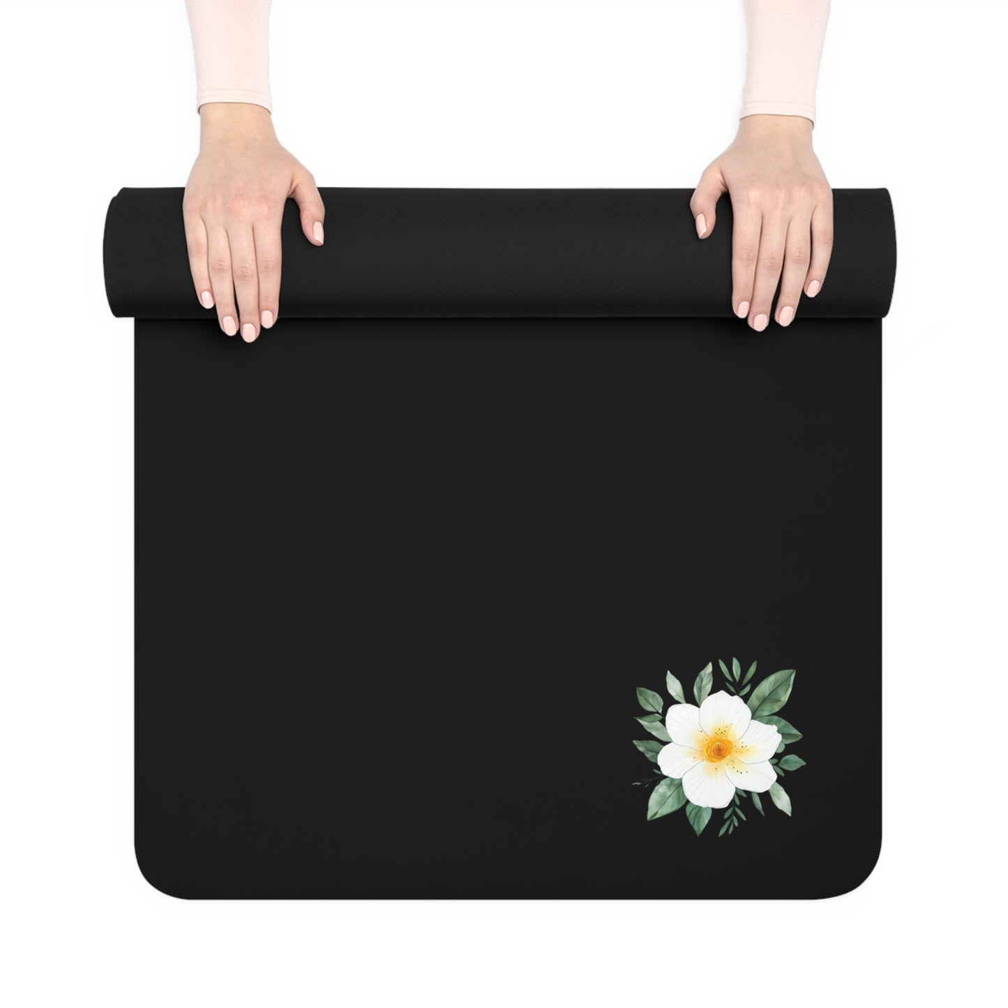 Black Rubber Yoga Mat with Minimal White Daisy Corner - Non-Slip Floral Fitness Mat