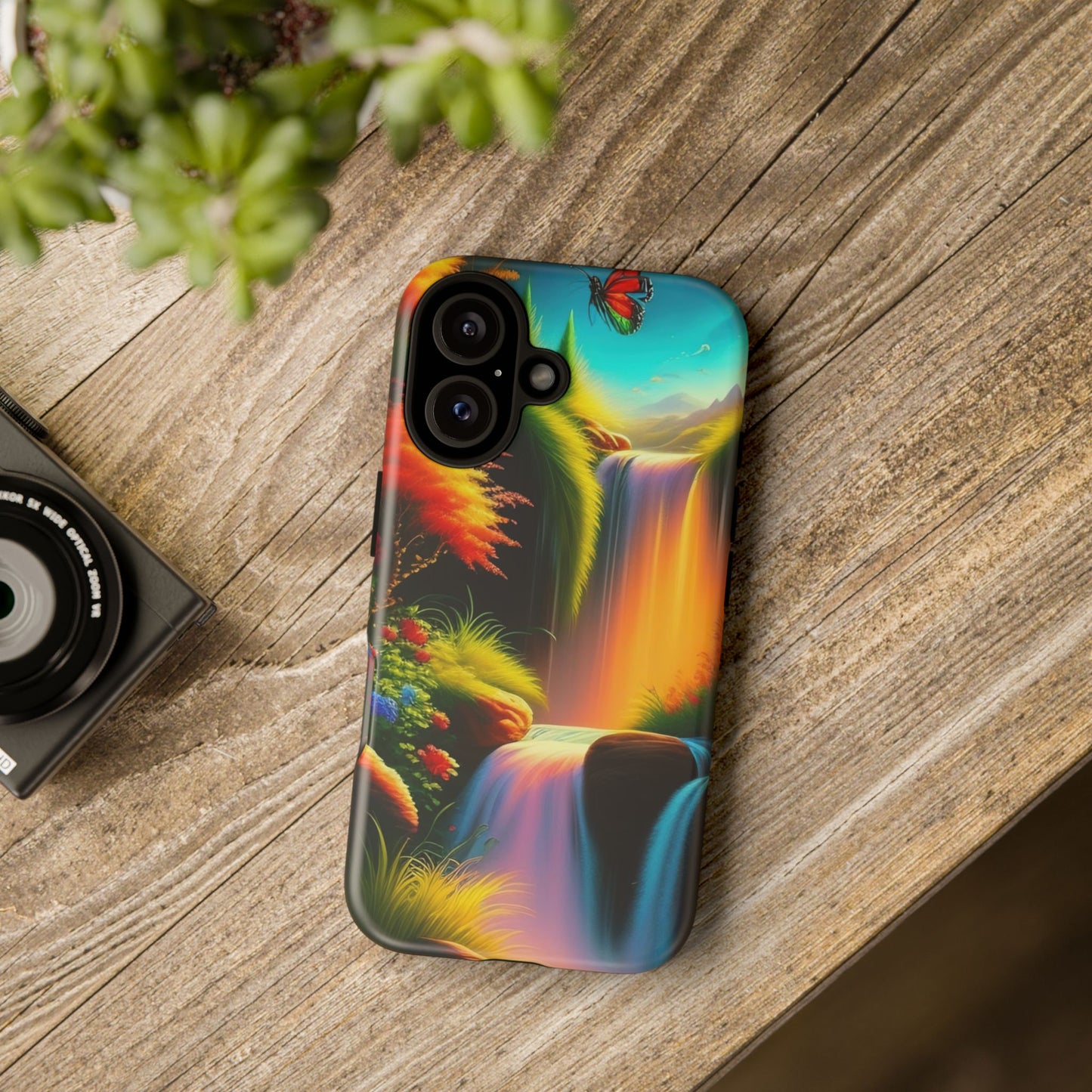 Phone Case - Vibrant Waterfall Landscape with Butterfly | Colorful Nature Protective Case