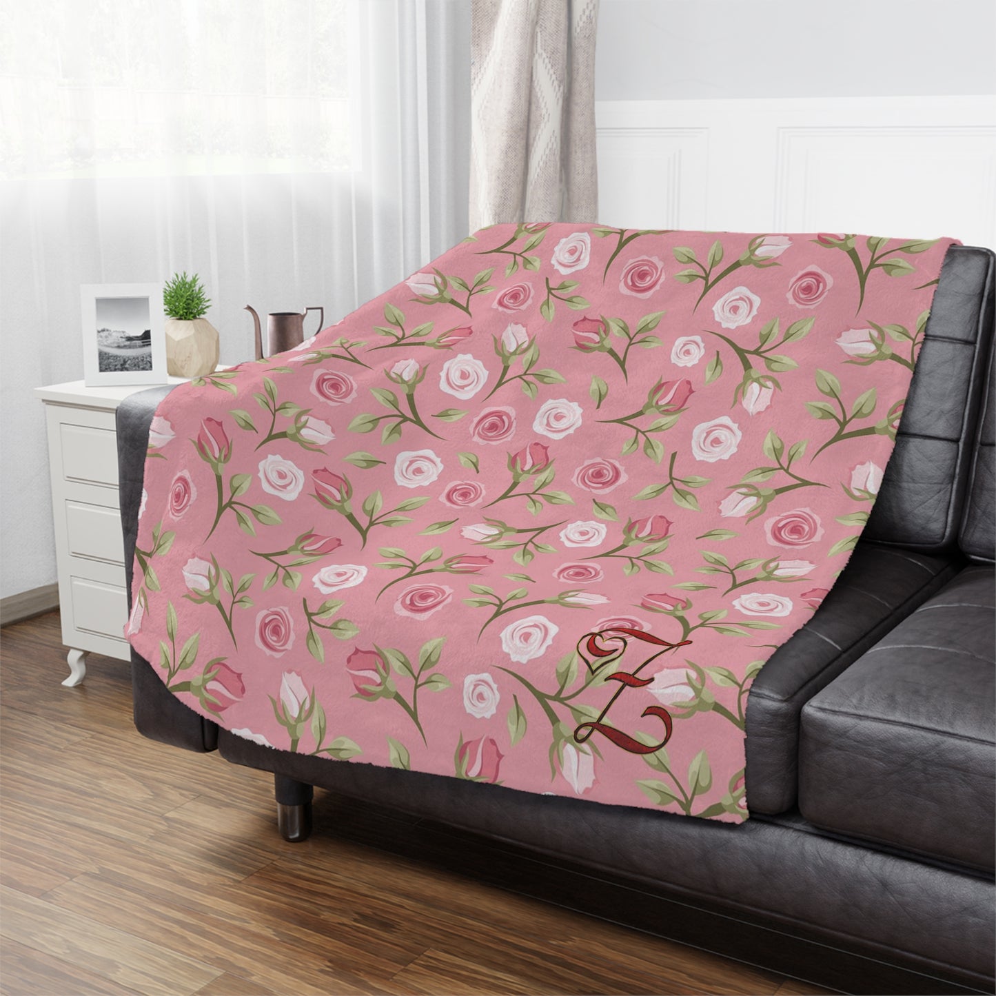 Pink Rose Floral Minky Blanket — Soft Monogrammed "Z" Throw for Nursery, Baby Shower & Gift