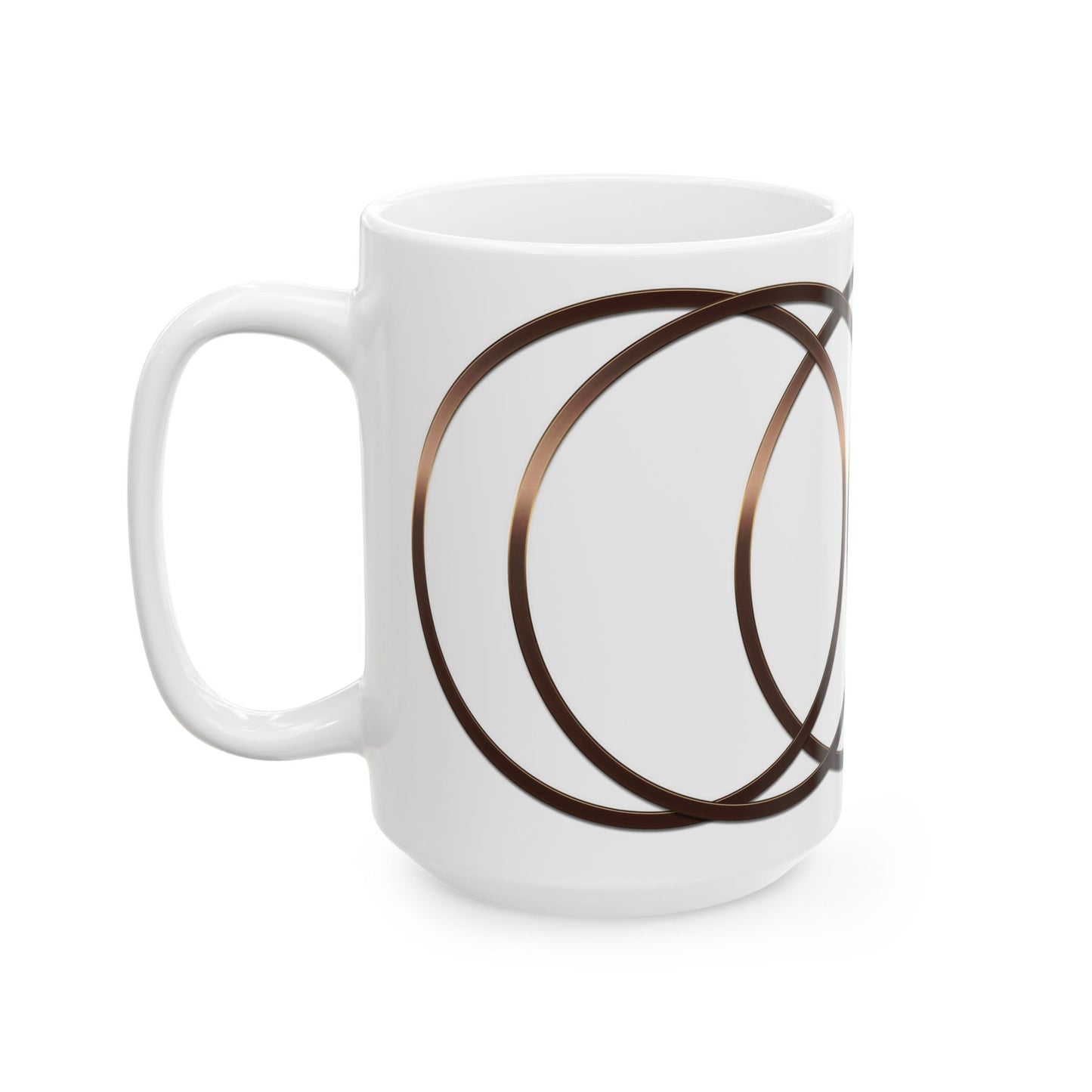 Modern Geometric Ceramic Mug — Bronze Interlocking Circle Pattern (11oz & 15oz)