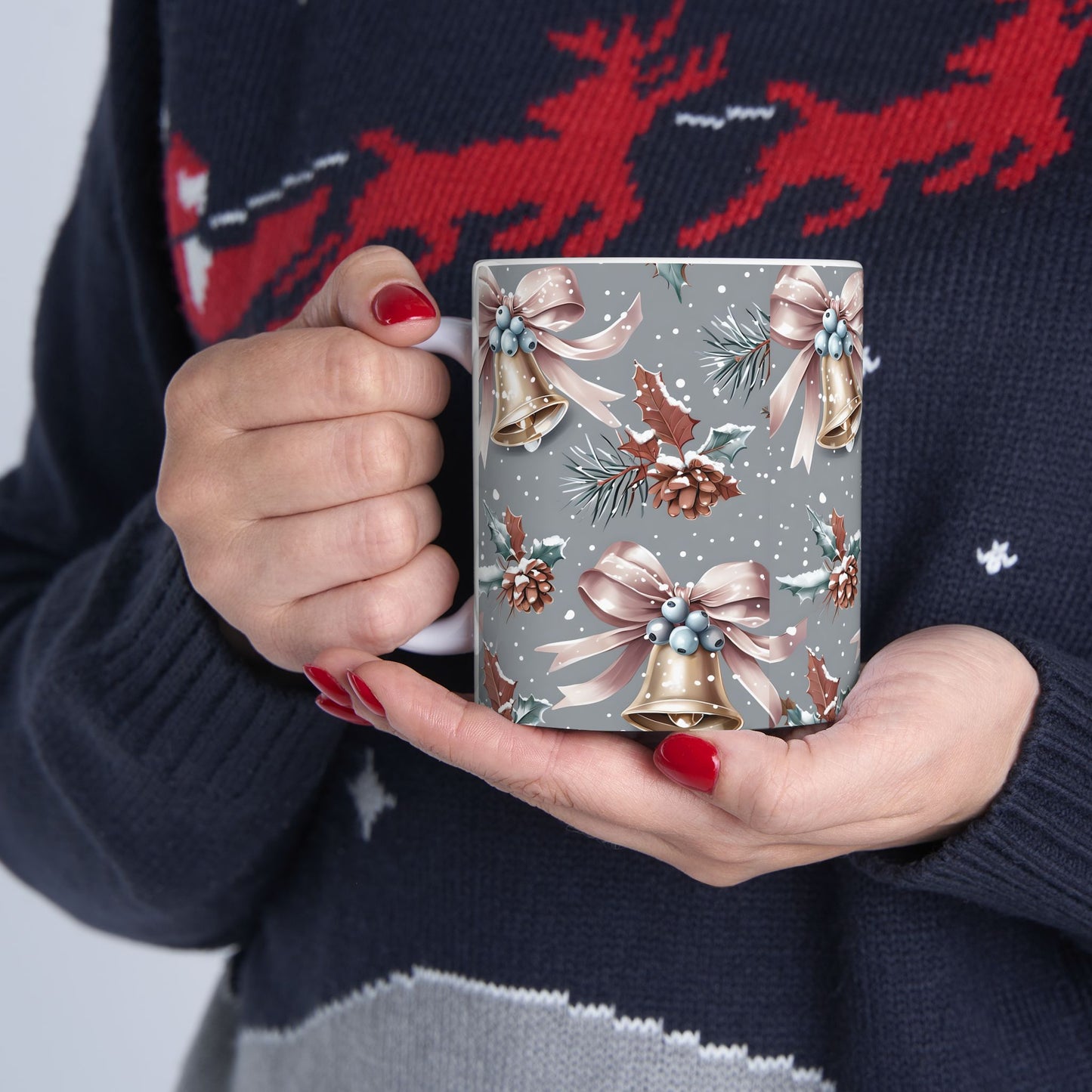 Festive Holiday Ceramic Mug, Christmas Gift, Winter Decor, Bell Design, Cozy Coffee Cup, Seasonal Beverage Container