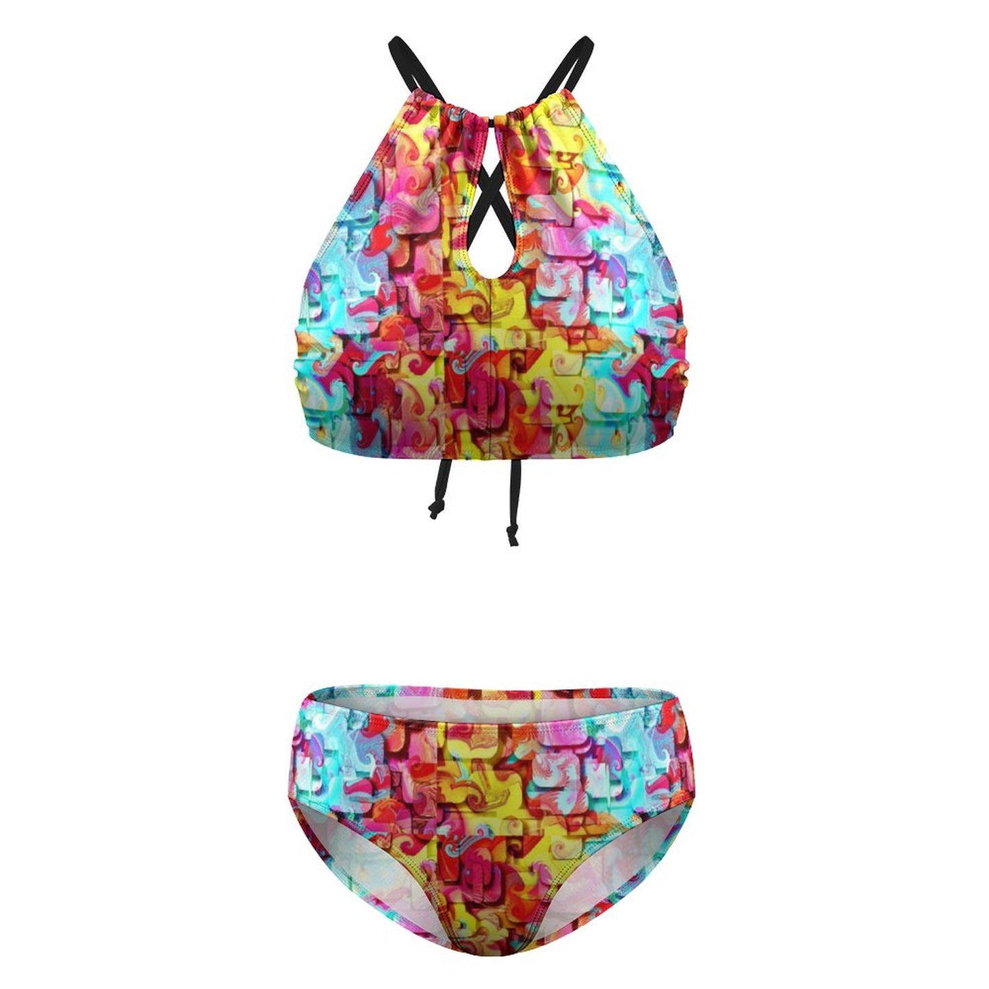 Women's Two piece Swimsuit with High Neck Halter Top Multicolor