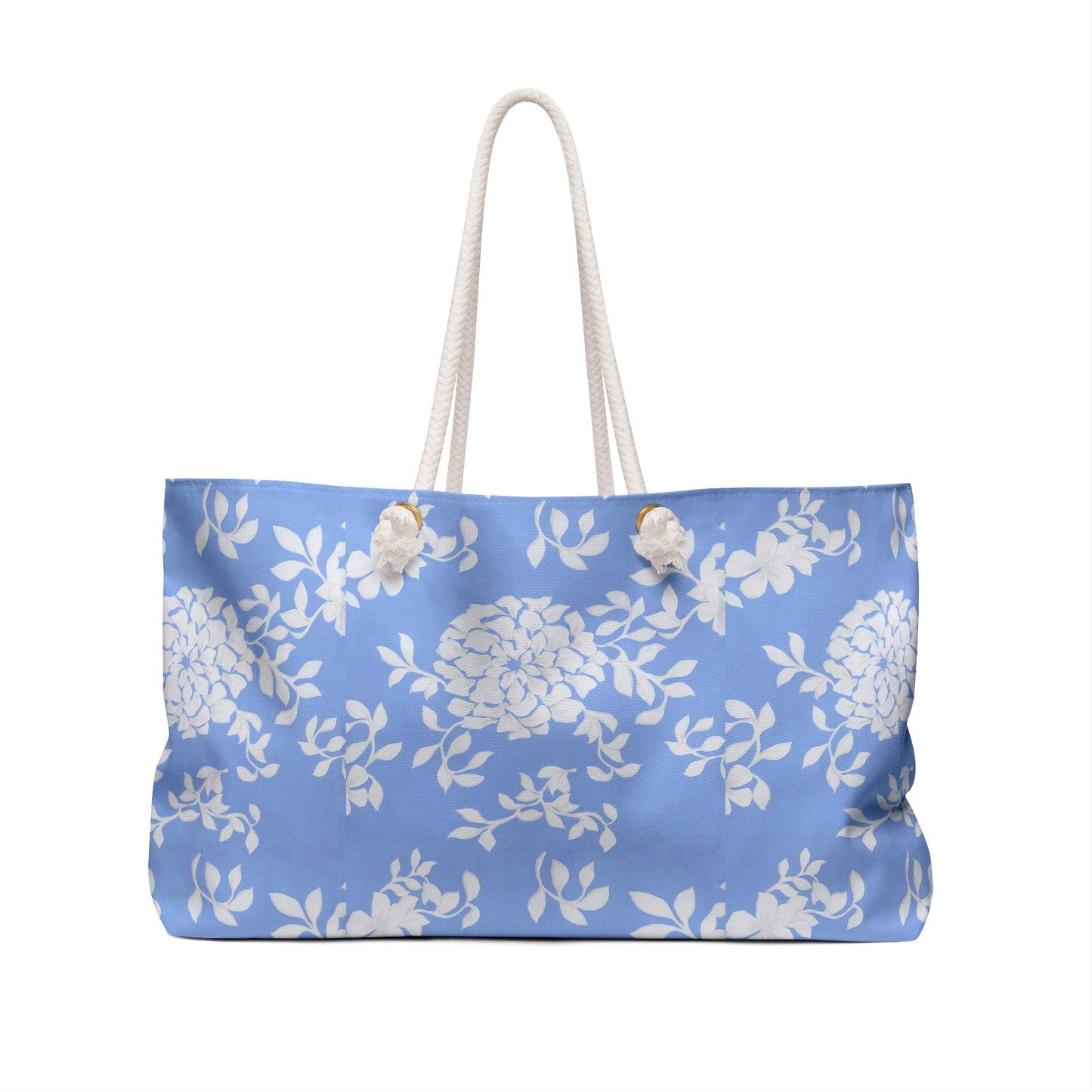 Blue Floral Weekender Bag — Lightweight Travel Tote with White Rope Handles