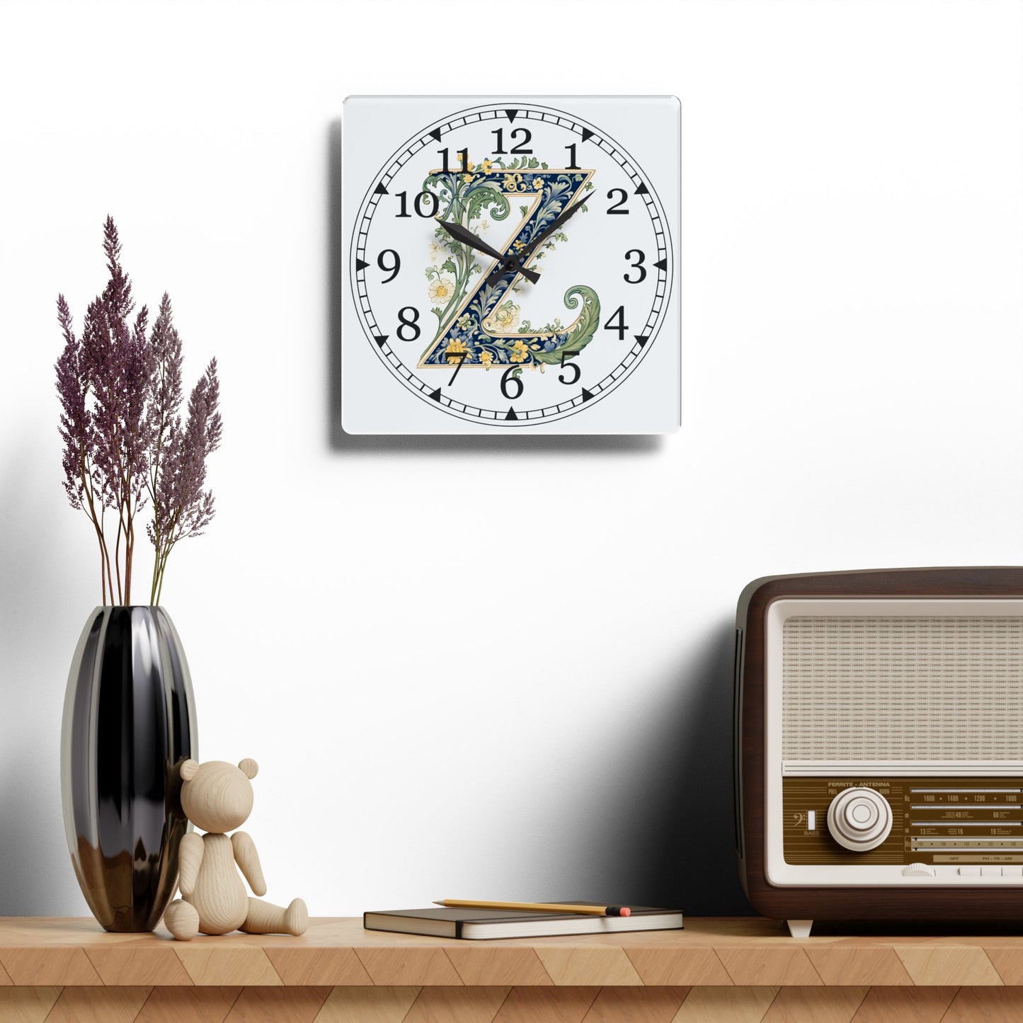 Floral Monogram "Z" Acrylic Wall Clock — Vintage Botanical Initial Clock