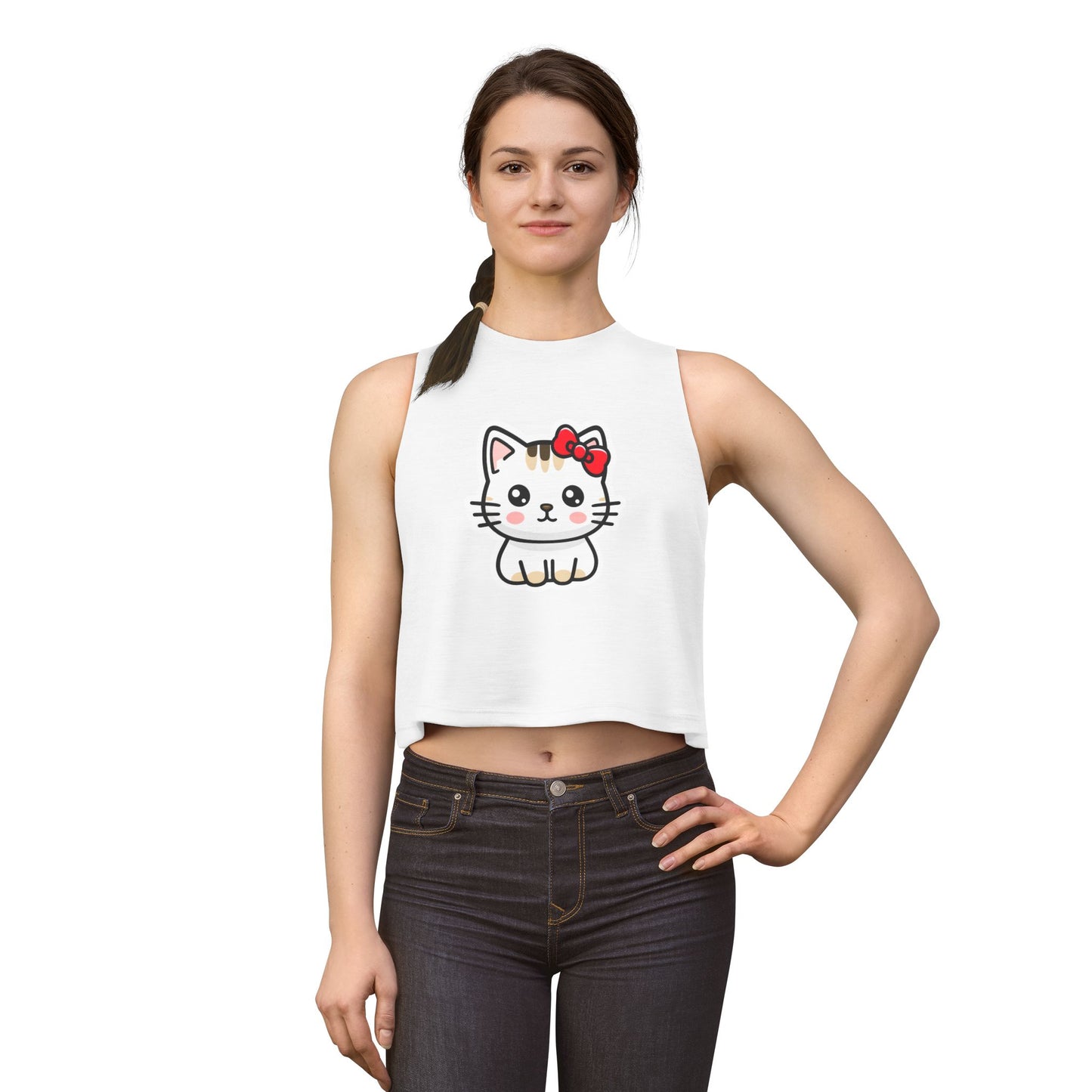 Kawaii Kitty Bow Crop Top — Cute Cat Graphic Women's Tank