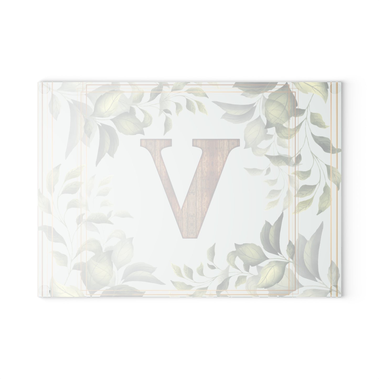 Monogram Glass Cutting Board — Rustic Wood “V” with Greenery Border