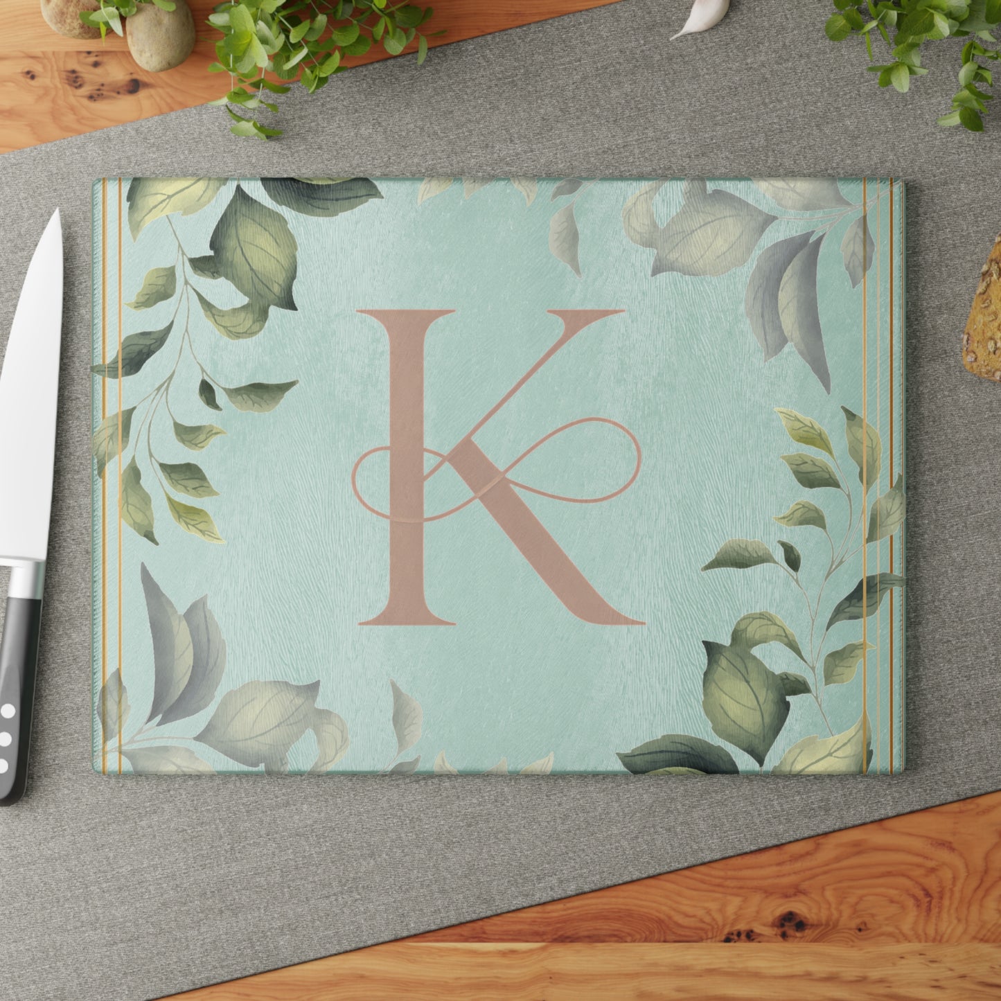 Monogram K Glass Cutting Board — Botanical Greenery Initial Kitchen Serving Board