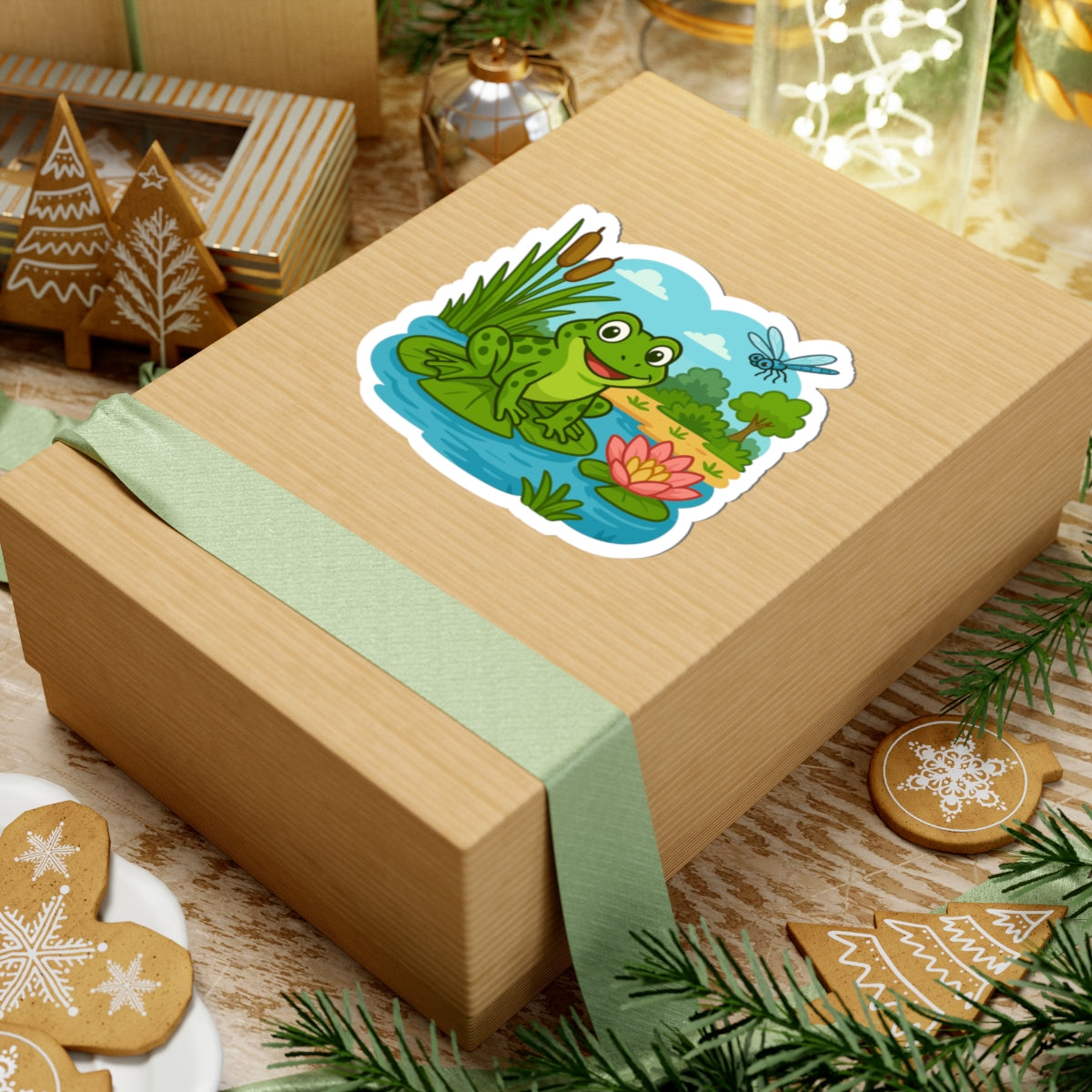 Frog Pond Kiss-Cut Sticker — Cute Lily Pad Frog & Dragonfly Decal