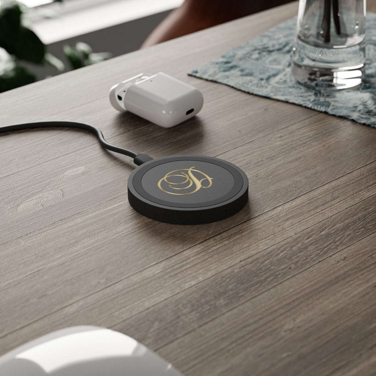 Wireless Charging Pad with Gold Monogram D — Sleek Qi Phone Charger