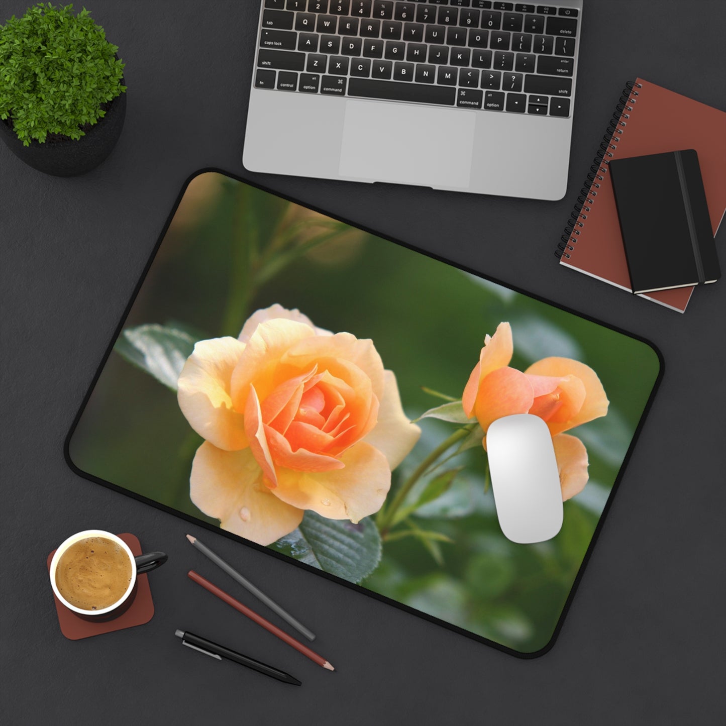 Desk Mat — Peach Rose Floral Desk Mat for Home Office, Floral Mouse Pad