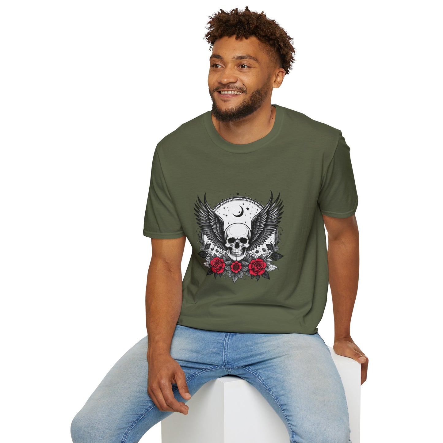 Skull Wings T‑Shirt – Crescent Moon & Red Roses Gothic Graphic Tee